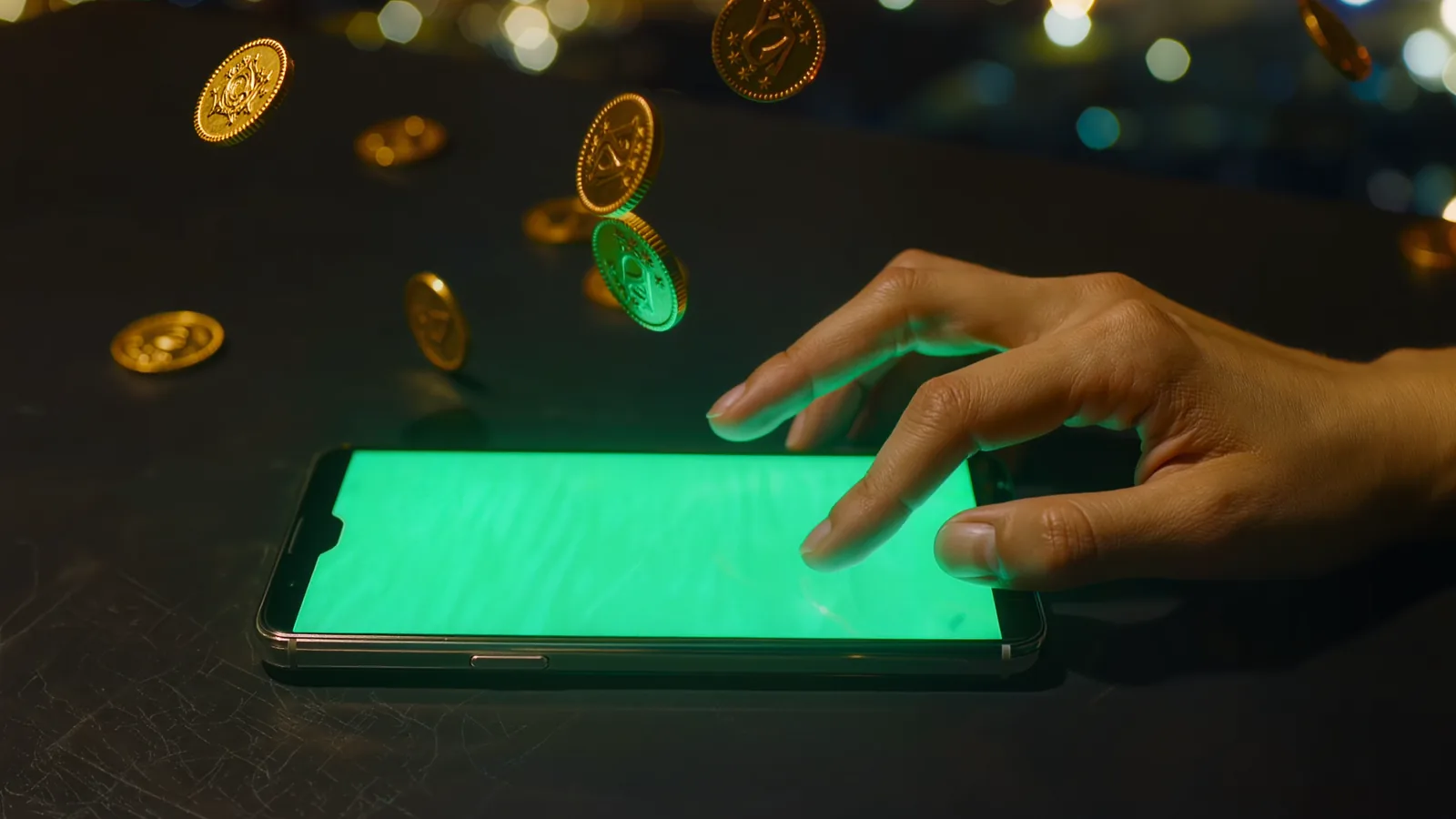 スマートフォンの入金画面で、初回ボーナスが加わった残高を確かめている手元